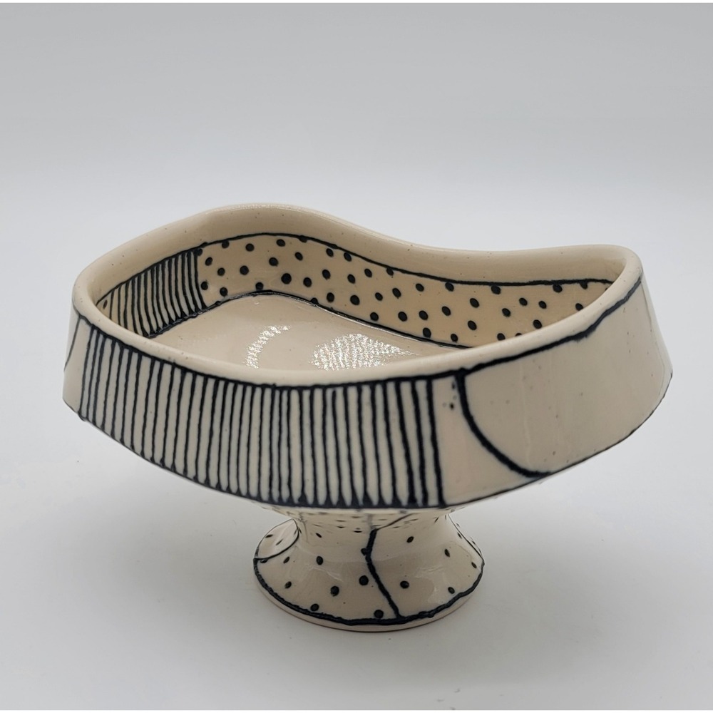 Handmade Black White Pedestal Soap Dish Trinket Bowl Modern Pottery Whimsical